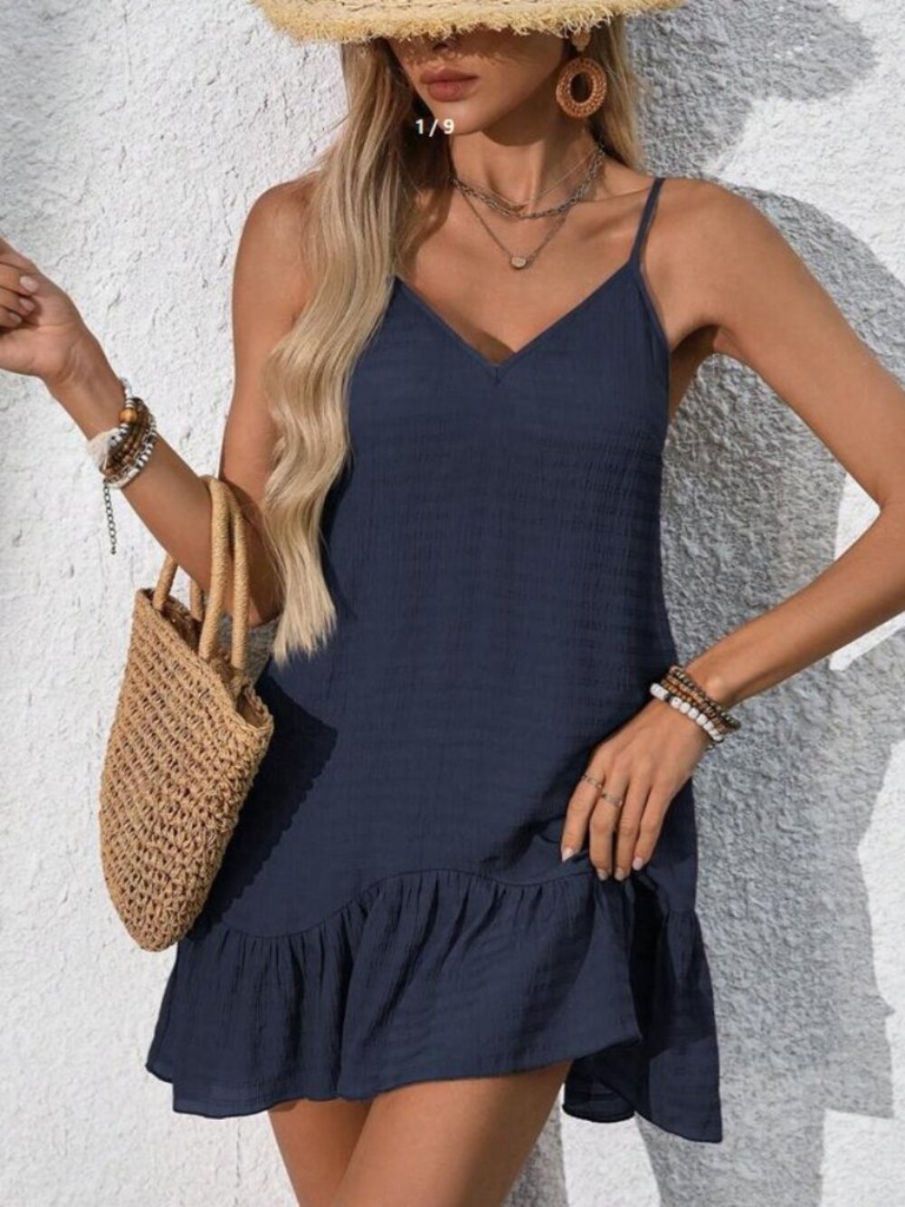 Ninexis Women's Navy Blue Summer Casual Beach Holiday Dress, Textured Fabric